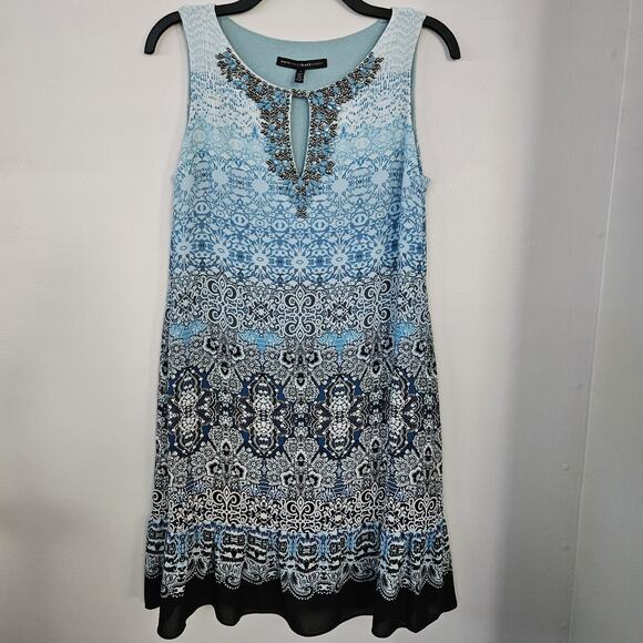 White House Black Market Dresses & Skirts - White House Black Market WHBM Beaded Neck Swingy Dress Sz S Blue Black Cream